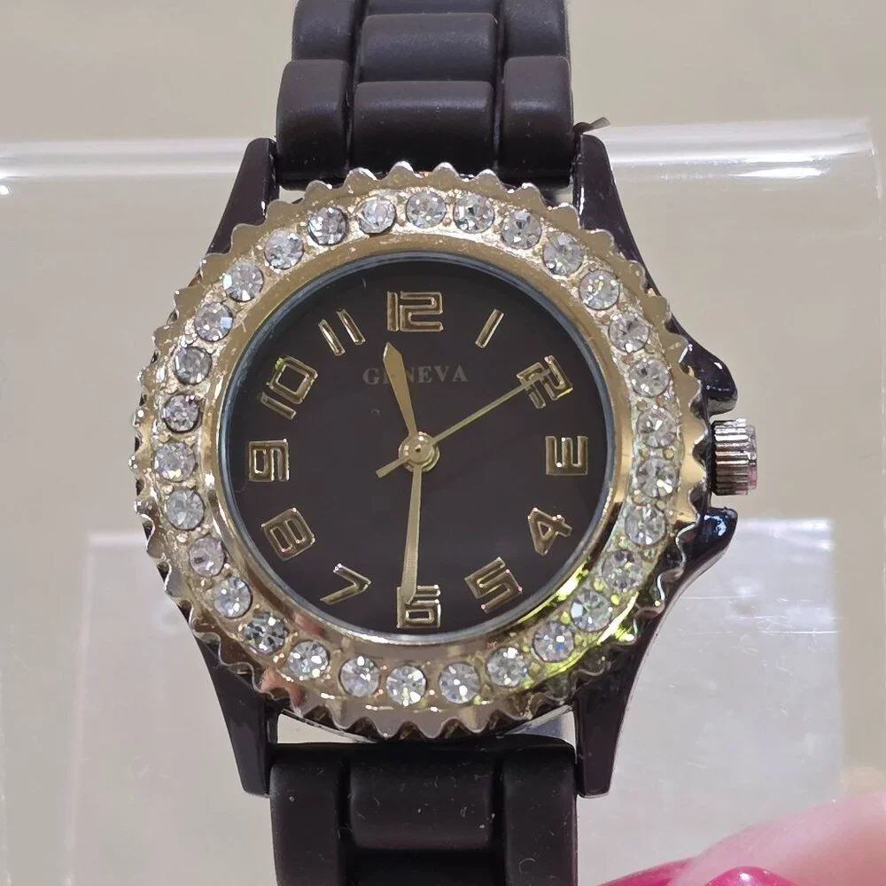 Geneva Women's Gold Brown Crystal Accent Wrist Watch Brown Silicone Band Works